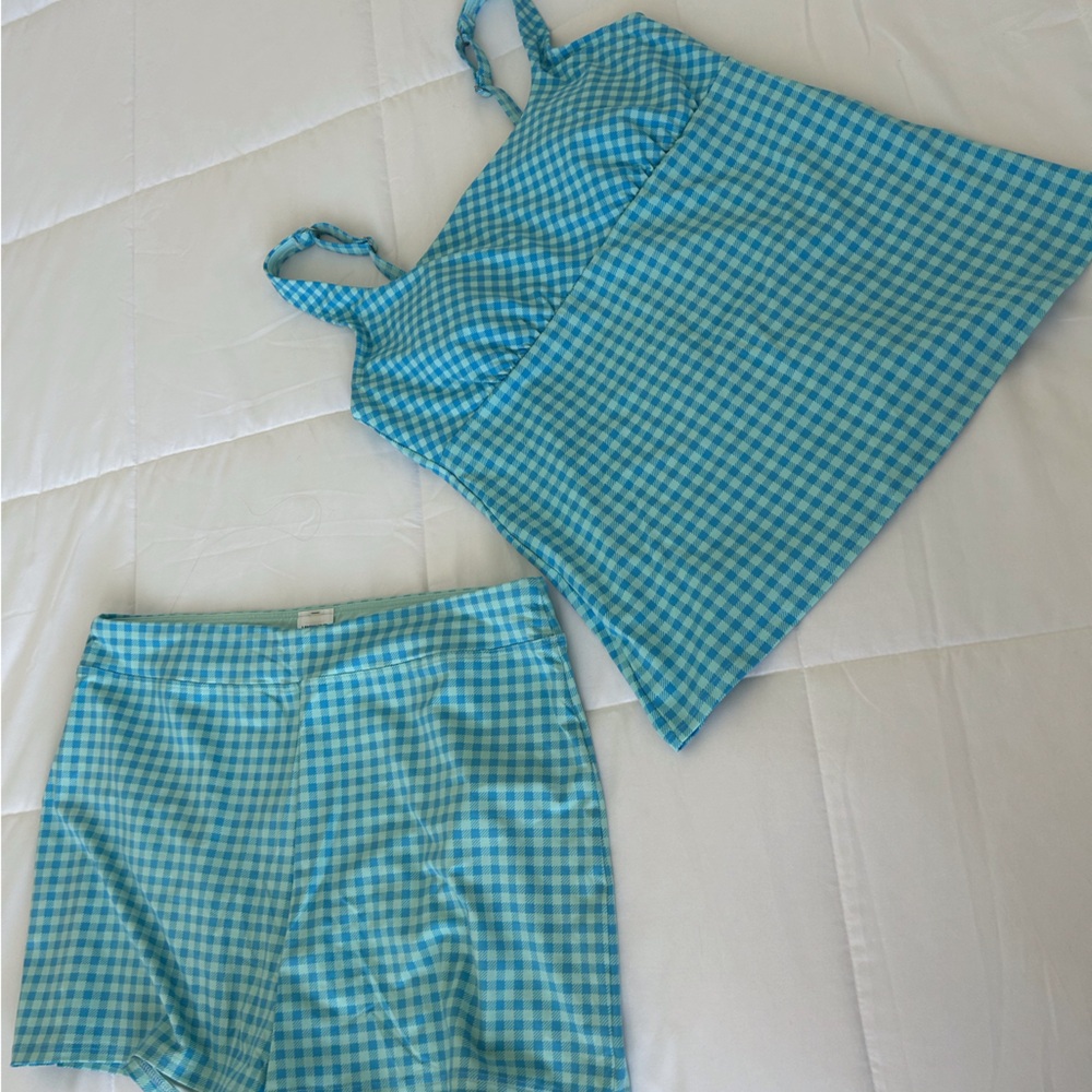 Lands End Blue Gingham Tankini TOP (+ FREE BOTTOMS)